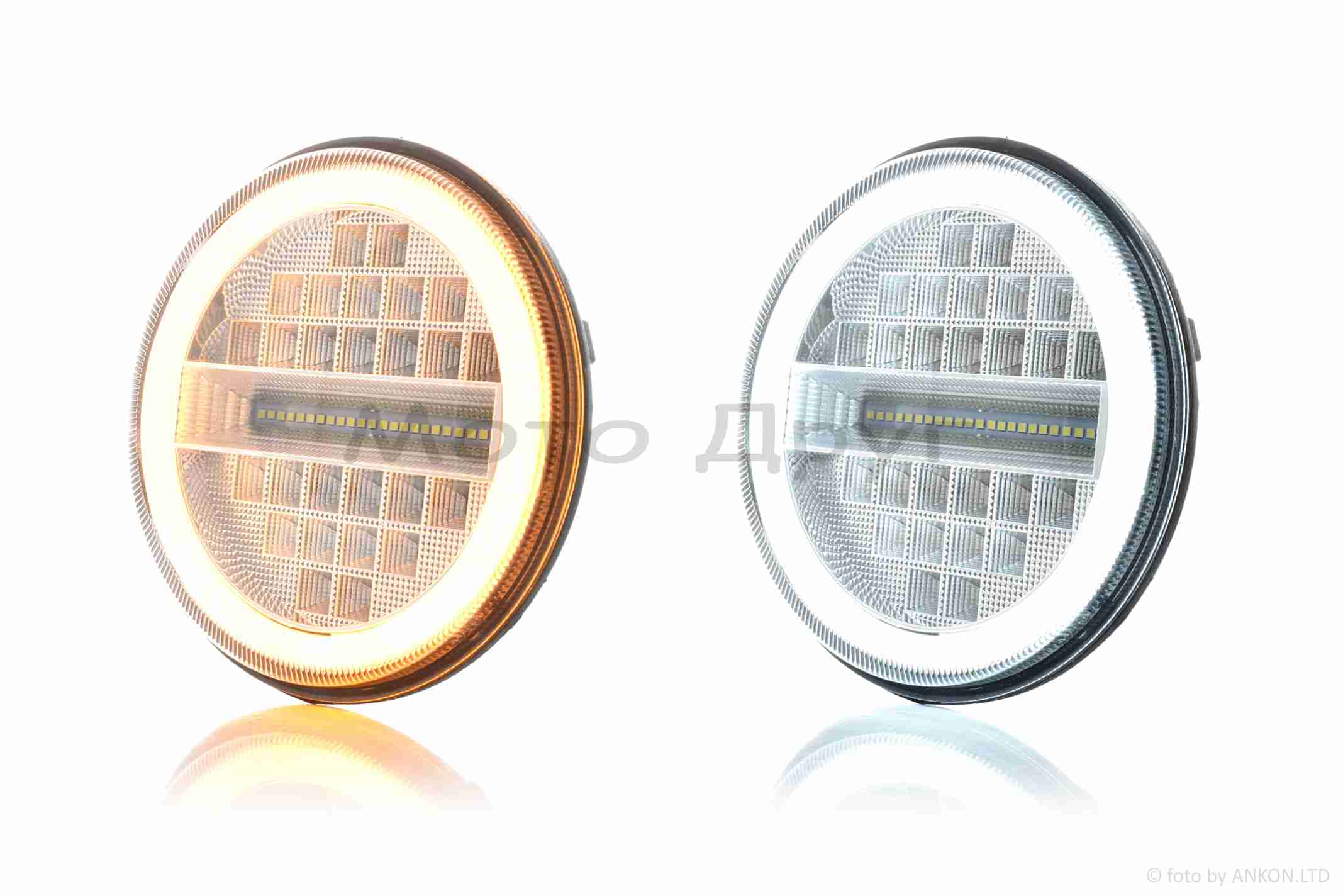 Фара мото диодная, круглая, D177, H1, 2 габарита (белый/желтый) #C80-3S1 — изображение 3