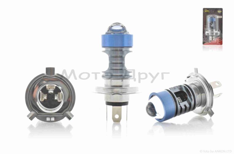 Лампа фары диодная H4 12-85V, 12W белый/желтый, линза, габарит красный/синий, D27 “LIPAI”