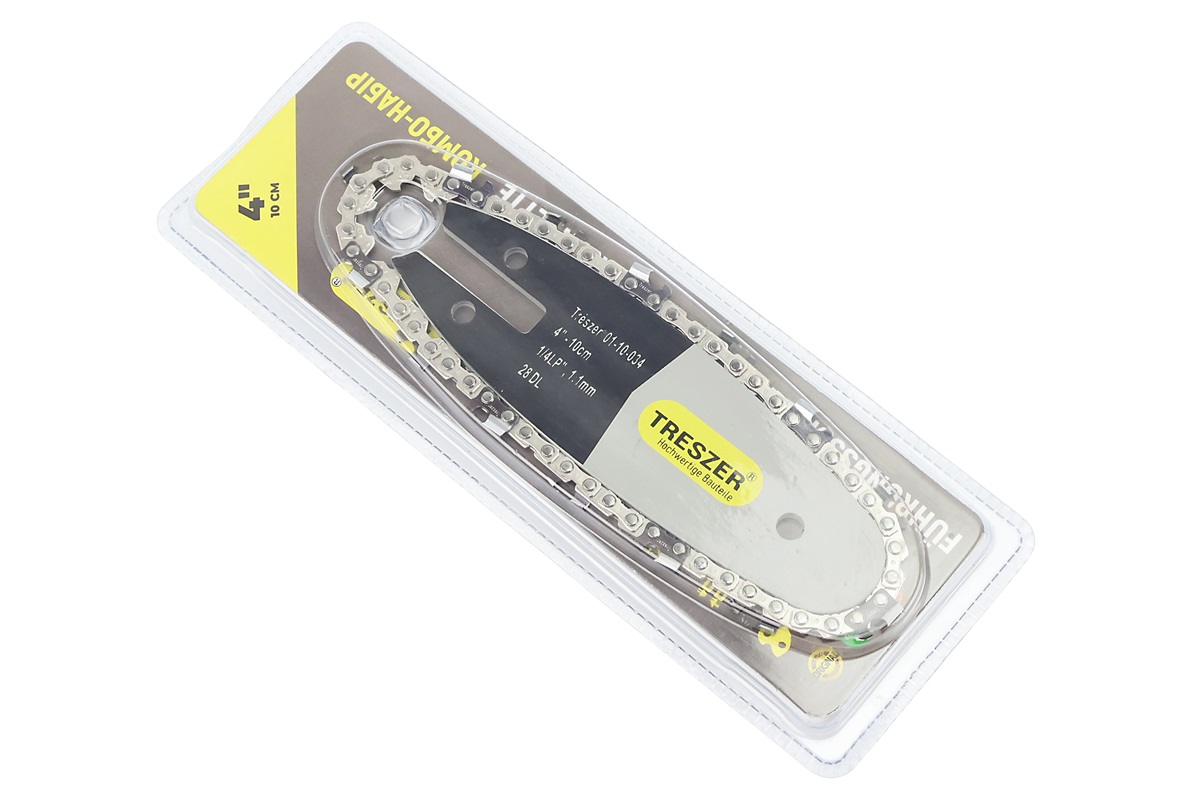 Шина 4"-1,1mm 1/4" 28зв L-14см (подходит на аккумуляторную мини-пилу) + цепь 1/4"-1,1mm-28зв. квад. зуб, на блистере