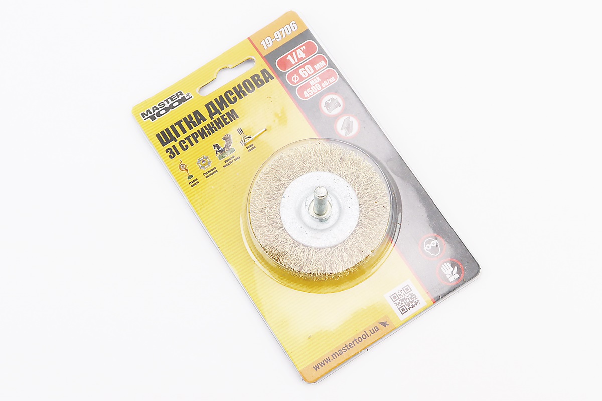 Щітка дискова зі стрижнем 1/4" D-60мм з латунованого рифленого дроту 19-9706 - Зображення 2