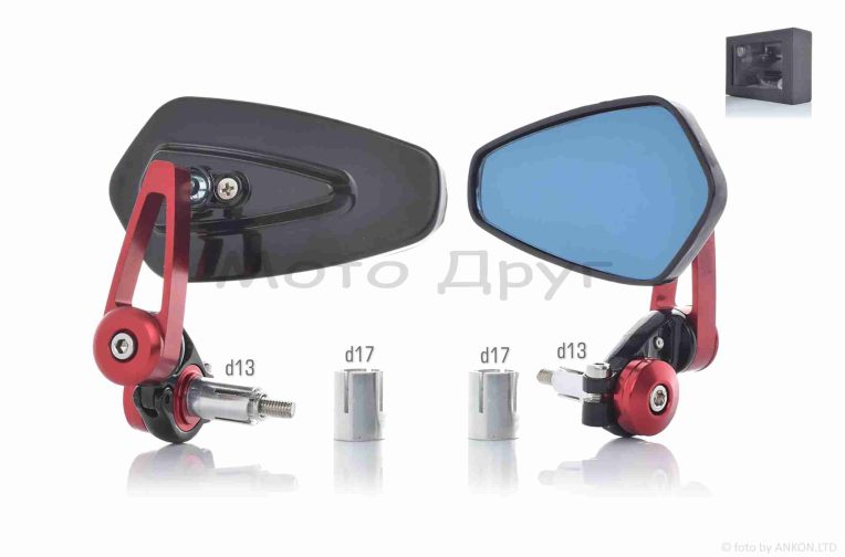 Зеркала  в торец руля, стреловидные, алюминий, d13/17  “CUSTOM”  (красные)
