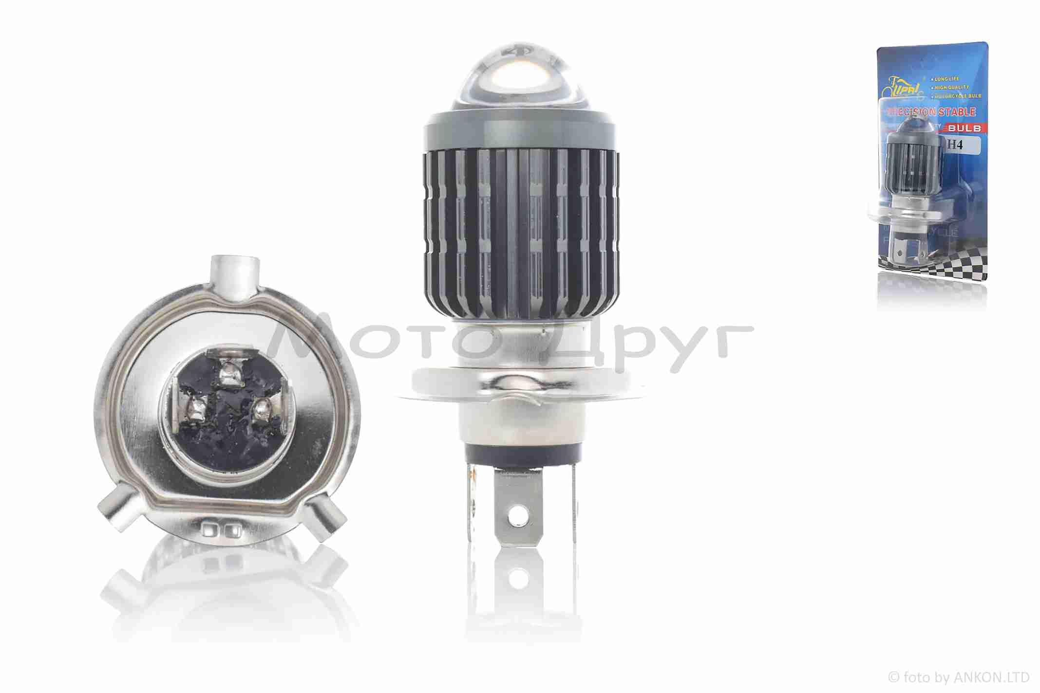 Лампа фары диодная H4 9-85V, 35/35W, 2400Lm, 6000-7000K, 2 диода, белый/желтый, линза "LIPAI"