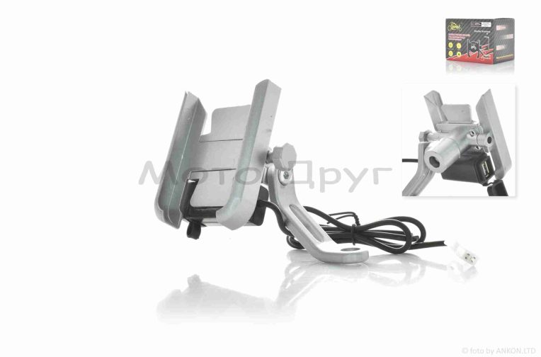 Тримач для телефону кріплення під дзеркало алюмінієвий, #M3-1 USB (сірий)