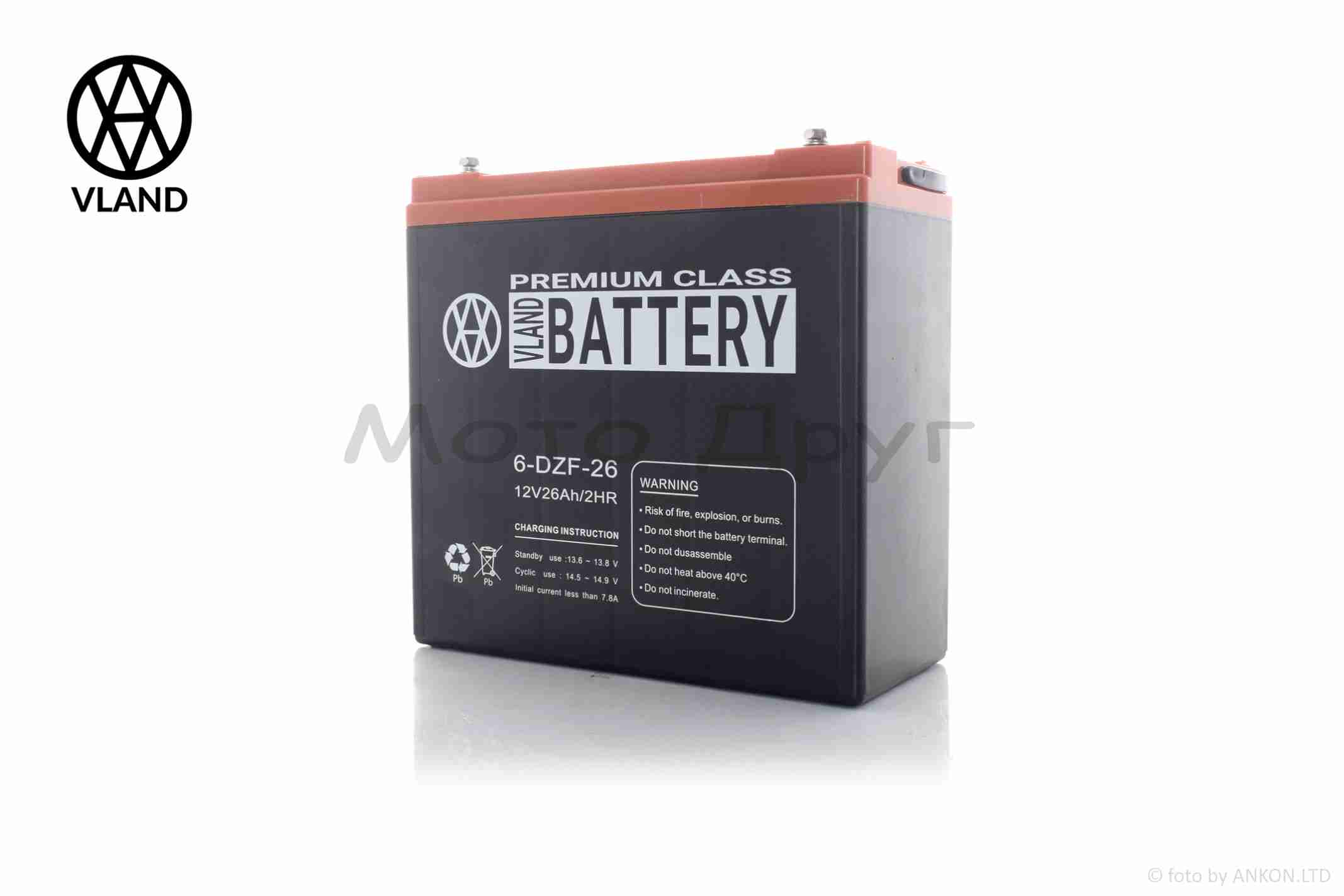 Акумулятор AGM 12V 26A 180-78-170mm 6-DZF-26 тяговий "VLAND" (E-bike, електро вело/скутери 2026) - Зображення 4