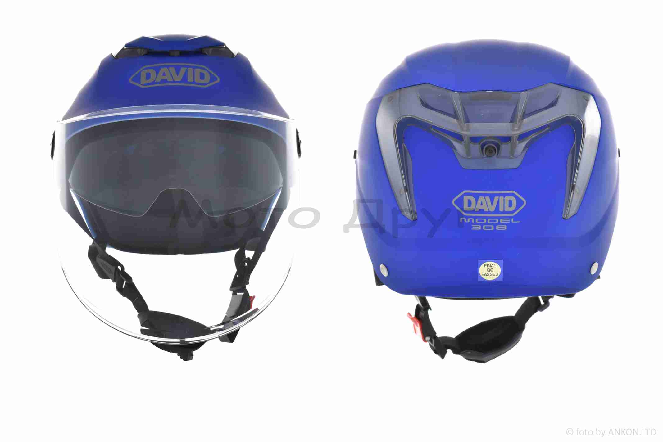 Шлем открытый (мото 50cc/вело/самокат) "DAVID" (#S308, синий матовый, M-XL, очки, ABS) — изображение 3
