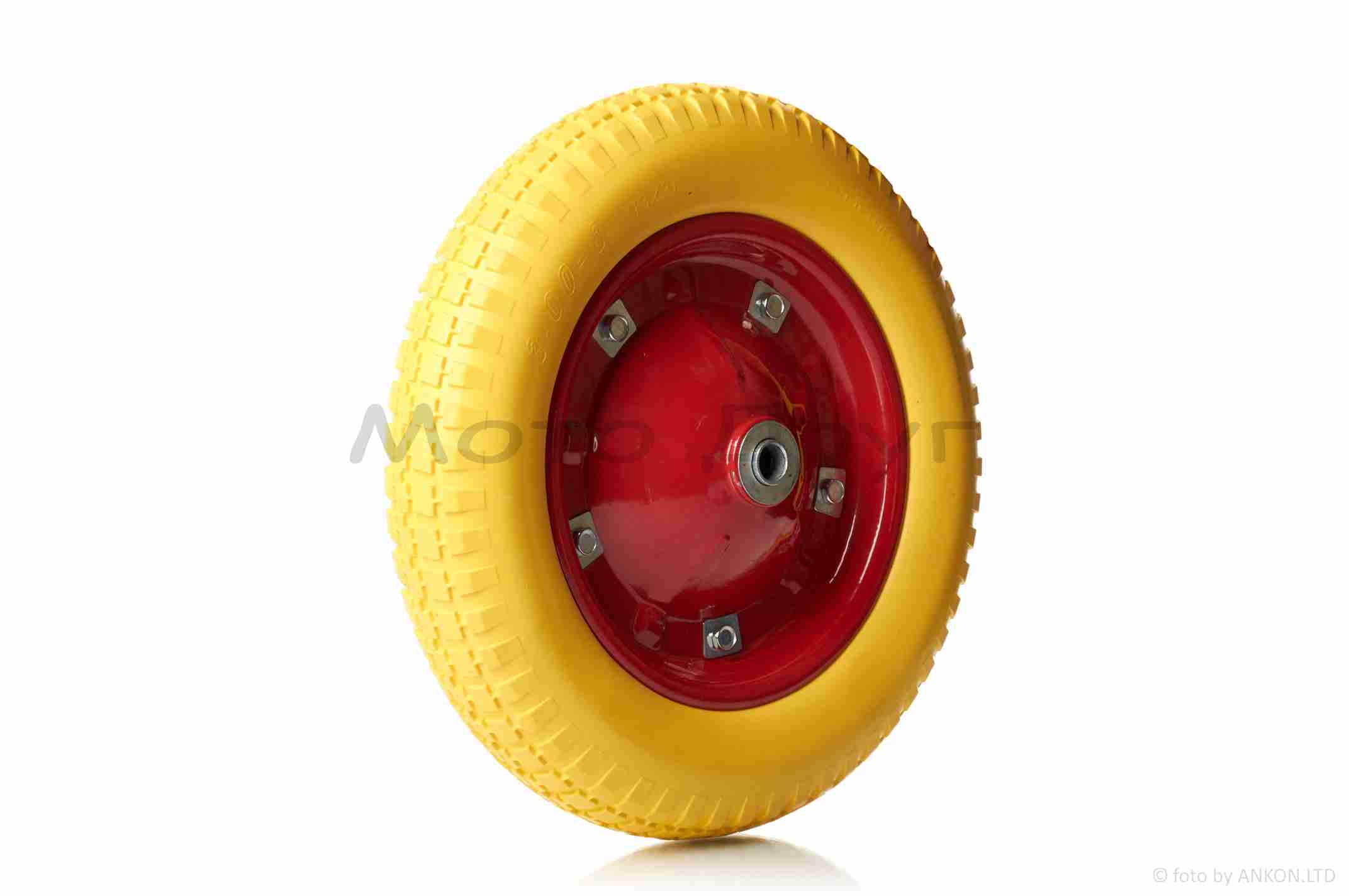 Колесо для тачки в сборе 3.00-8 (полиуретановое, желтое, втулка Ø16) — изображение 2