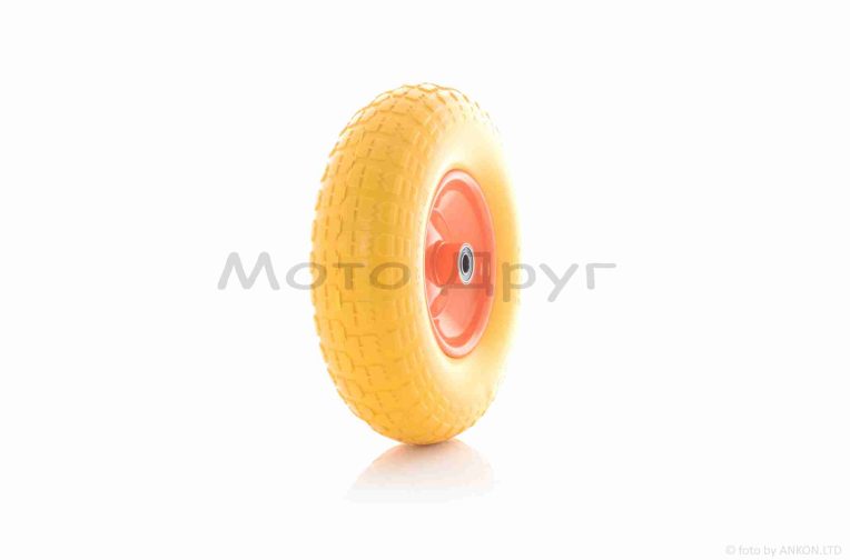 Колесо для тачки у зборі  4.00-8  (поліуретанове, жовте, червоний диск, підшипник 6202 Ø16)