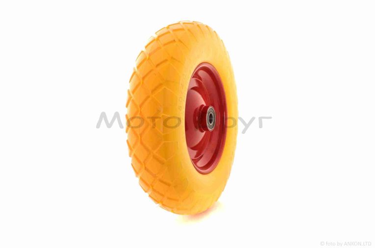 Колесо для тачки у зборі  4.00-8  (поліуретанове, жовте, червоний диск, підшипник 6204 Ø20)