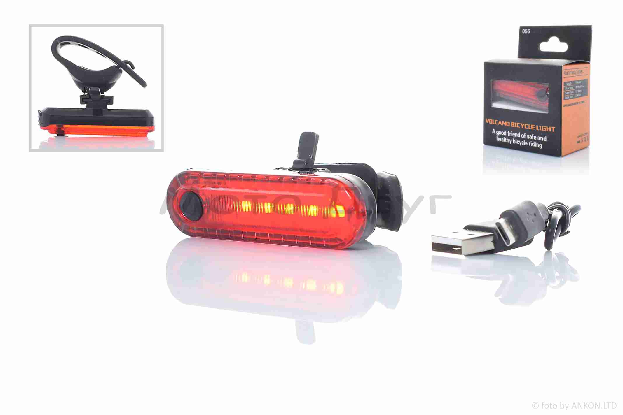 Габарит задний вело 5 диодов 5 режима, USB 330mAh 50lm #DEN-044