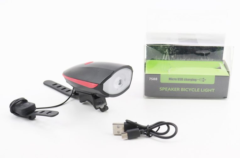 Фонарь передний 1 диод+звонок 4 мелодии, Li-ion 3.7V 1200mAh зарядка от USB, влагозащитный, чёрно-красный FY-058/7588