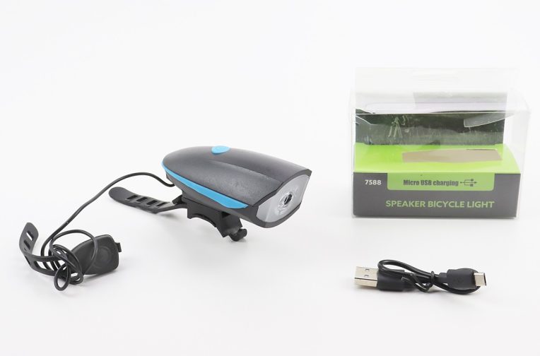 Фонарь передний 1 диод+звонок 4 мелодии, Li-ion 3.7V 1200mAh зарядка от USB, влагозащитный, чёрно-синий FY-058/7588