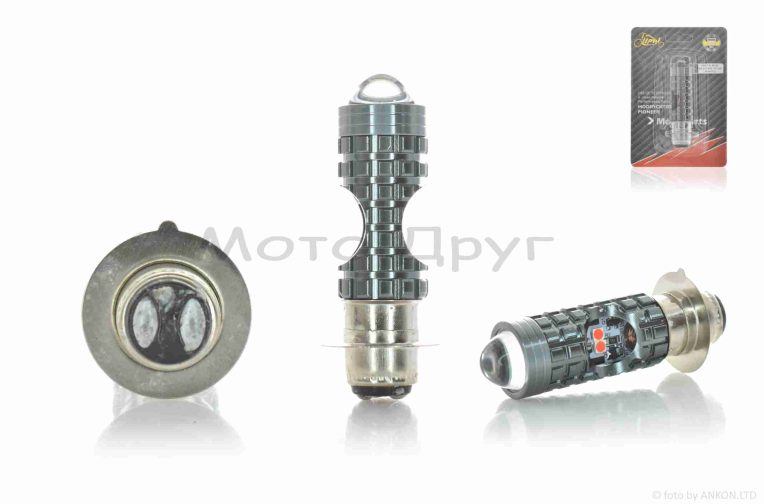 Лампа фары диодная P15D-25-1 12V 35/35W 1 ус, белый/желтый, линза, красный габарит “LIPAI”