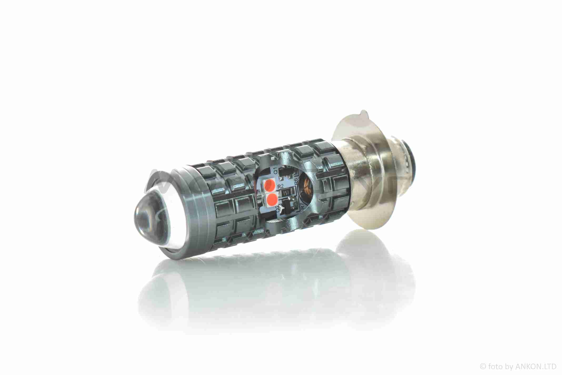 Лампа фары диодная P15D-25-1 12V 35/35W 1 ус, белый/желтый, линза, красный габарит "LIPAI" — изображение 2