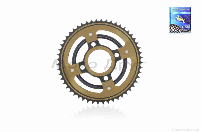 Звезда трансмиссии задняя  4-90/64, d58  428-52T  с ободком  “LIPAI”  (gold/black)